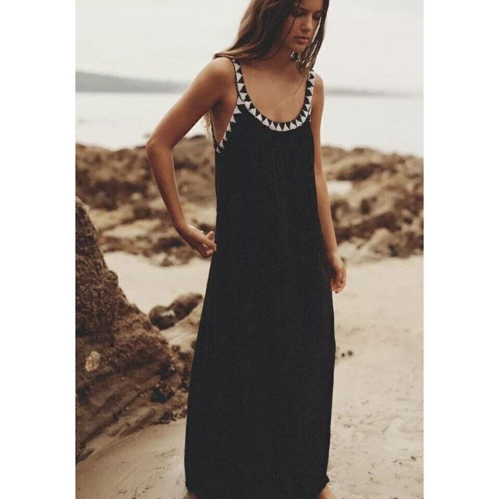 Zara Womens Midi Dress L Black Beaded neckline Sleeveless Cotton 7521/339 NWT